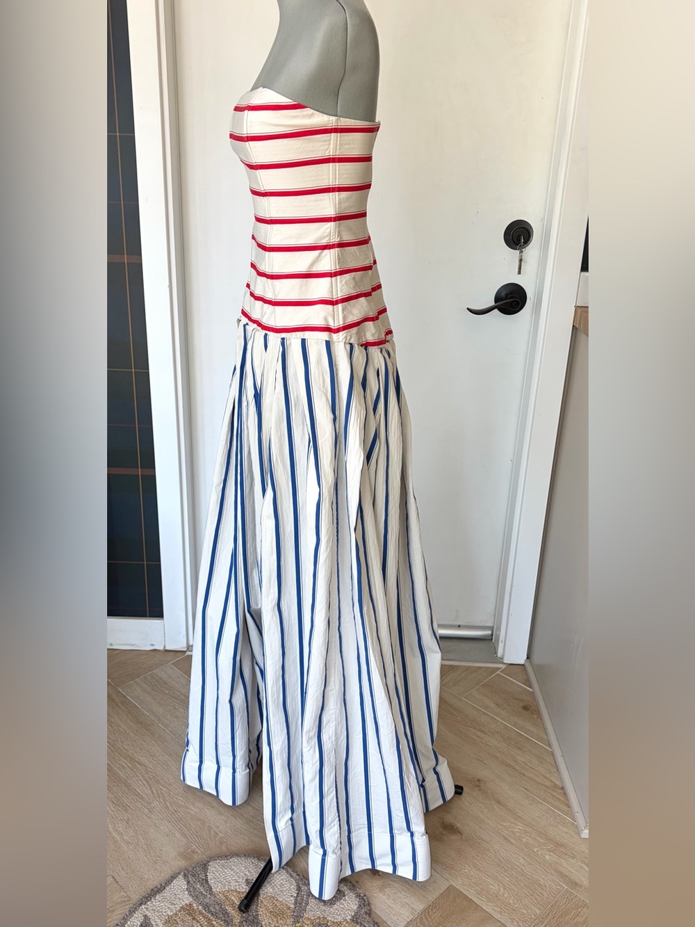 Rosie Assoulin Drop Waist Strapless Cotton Gown, red/blue stripes, slit, 0, EUC - Picture 6 of 16